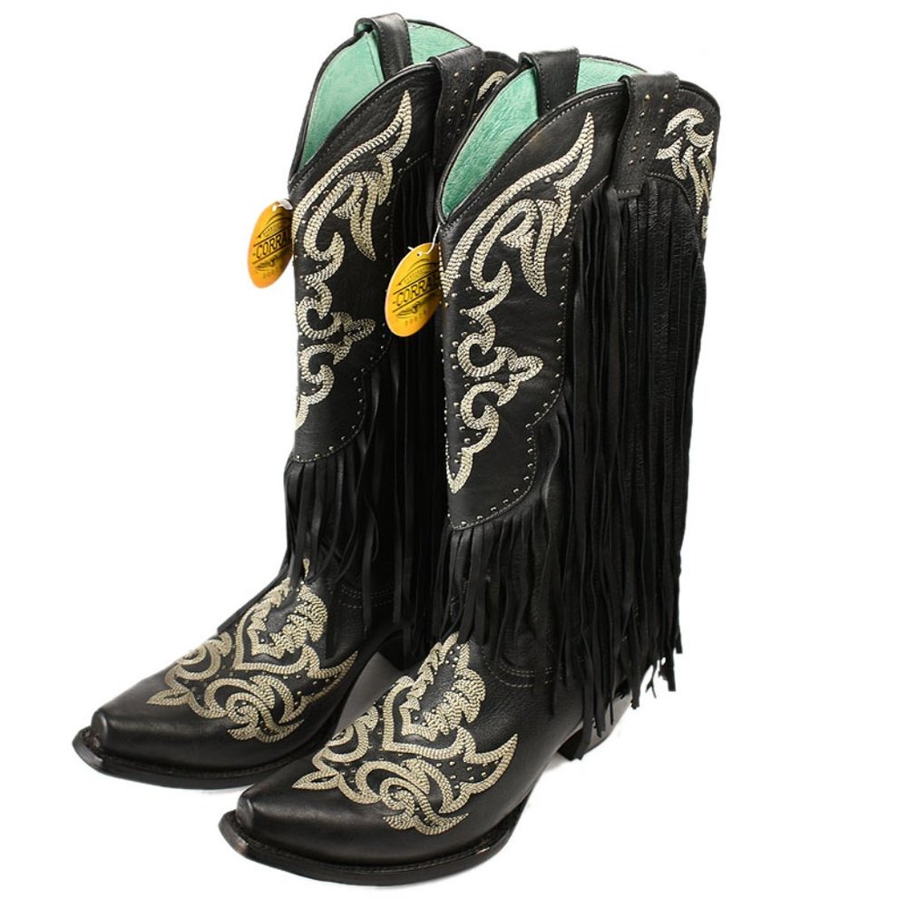 Corral Black Fringe Heeled Boots with Silver Embroidery